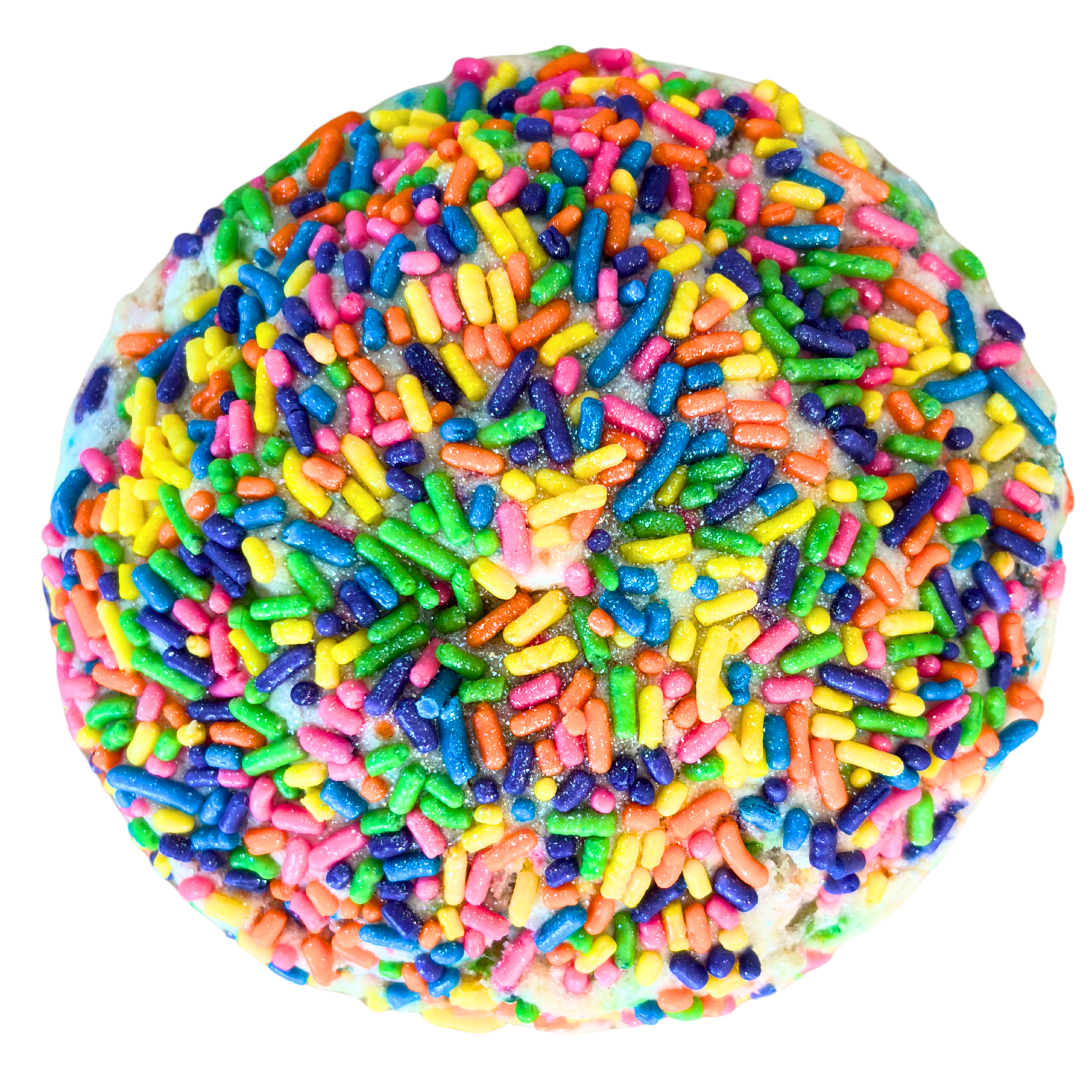 Overhead view of the thick Circus cookie, featuring a dense, colorful crust with funfetti and animal crackers clearly visible.